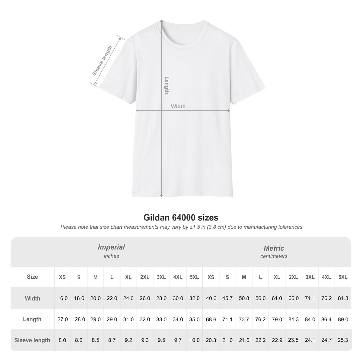 Unisex t-shirt size chart: chest width and body length measurements in inches for sizes XS through 5XL